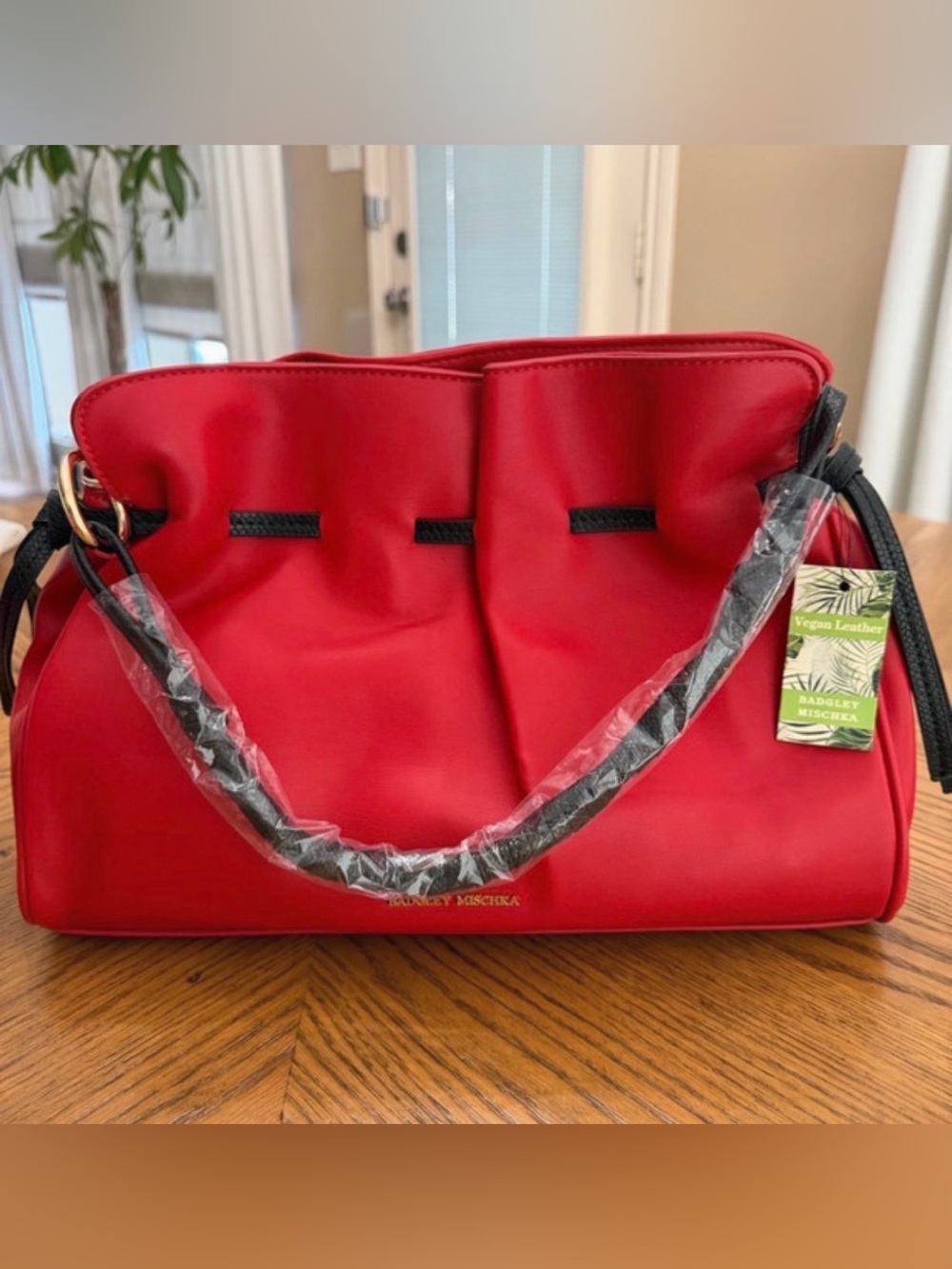 Badgley Mischka Red Vegan Leather Shoulder Bag with Black Handles